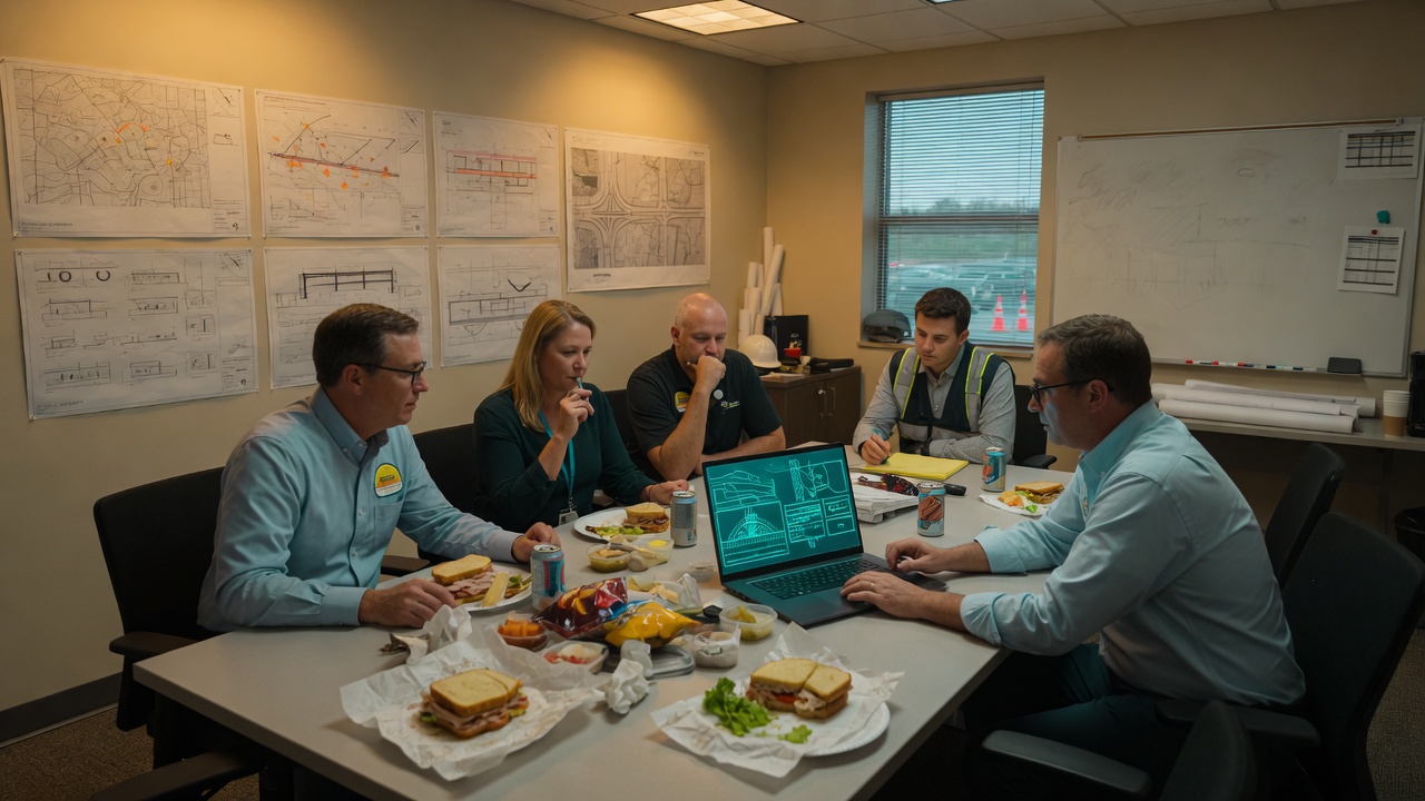 Engineers at a lunch meeting with plans on the wall