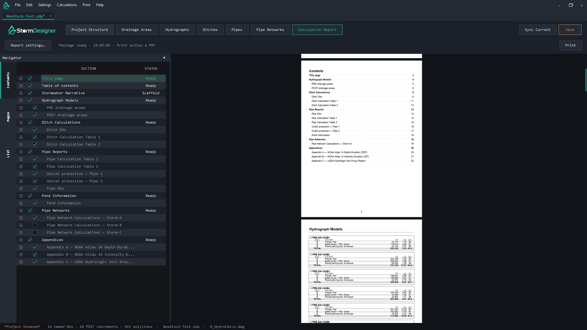 Calculation Report in StormDesigner